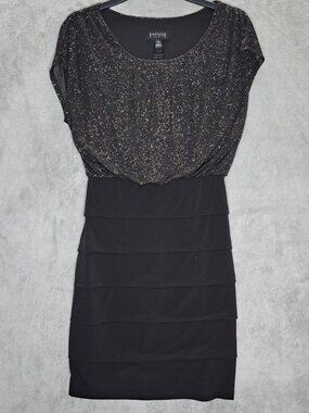 Enfocus Studio Size 8 Black Short Sleeve Round Neck Blouson Tiered fitted Dress